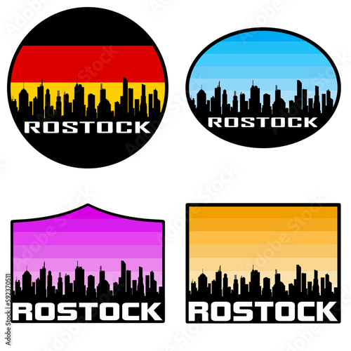 Rostock Skyline Silhouette Germany Flag Travel Souvenir Sticker Sunset Background Vector Illustration SVG EPS AI
