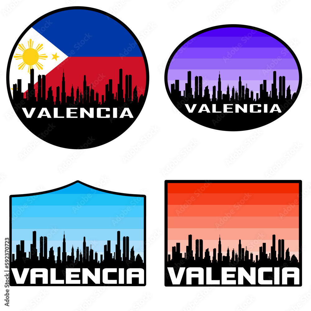 Valencia Skyline Silhouette Philippines Flag Travel Souvenir Sticker Sunset Background Vector Illustration SVG EPS AI