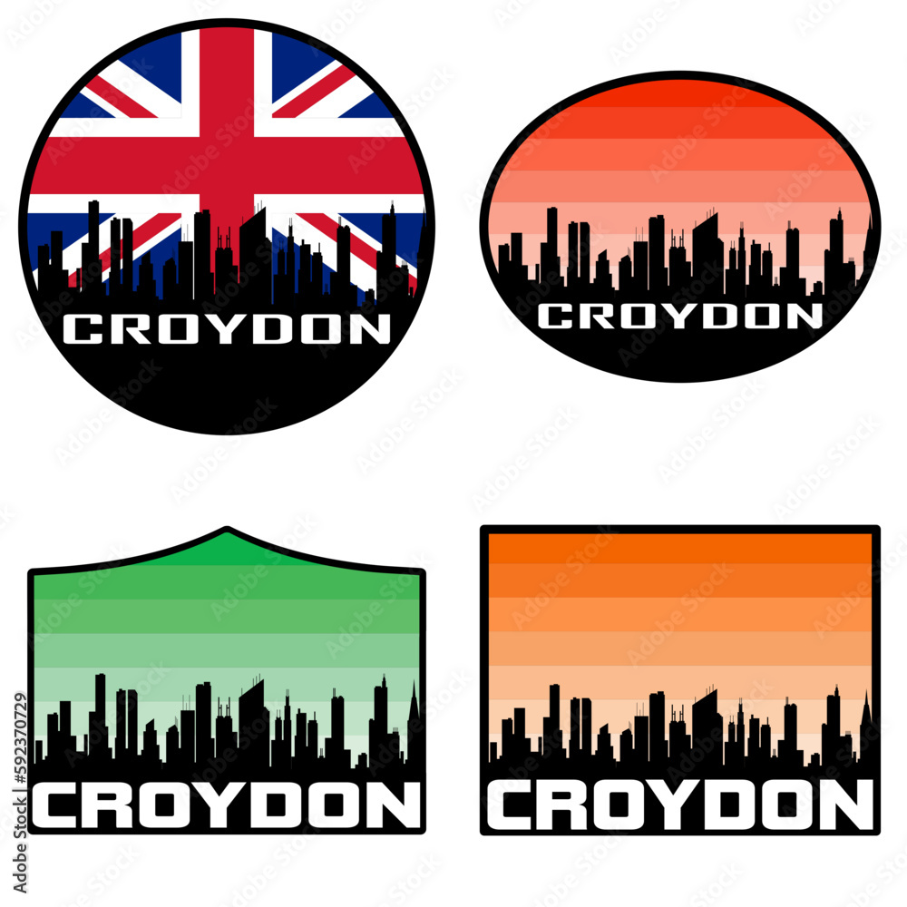 Obraz premium Croydon Skyline Silhouette Uk Flag Travel Souvenir Sticker Sunset Background Vector Illustration SVG EPS AI