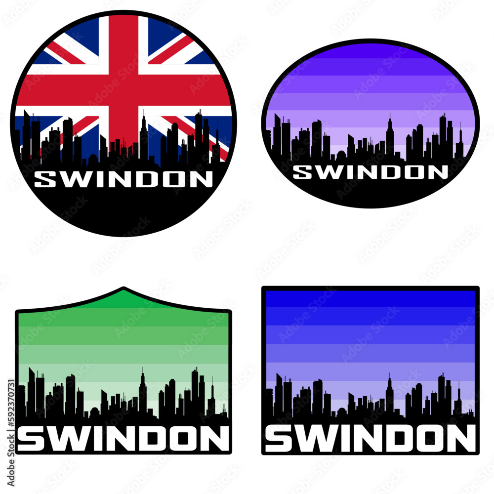 Swindon Skyline Silhouette Uk Flag Travel Souvenir Sticker Sunset Background Vector Illustration SVG EPS AI