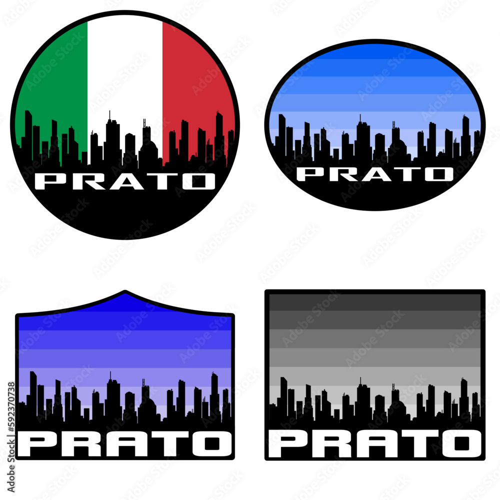 Prato Skyline Silhouette Italy Flag Travel Souvenir Sticker Sunset Background Vector Illustration SVG EPS AI