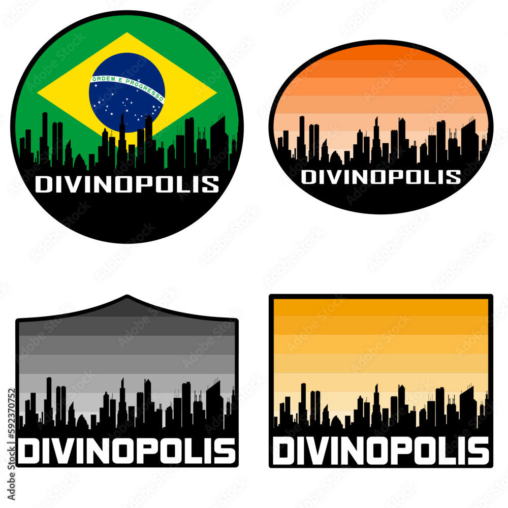 Divinopolis Skyline Silhouette Brazil Flag Travel Souvenir Sticker Sunset Background Vector Illustration SVG EPS AI