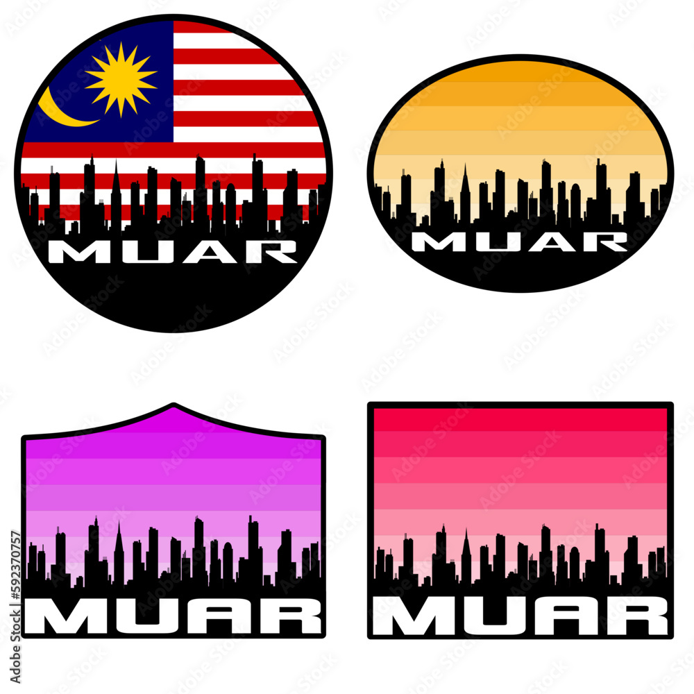 Muar Skyline Silhouette Malaysia Flag Travel Souvenir Sticker Sunset Background Vector Illustration SVG EPS AI