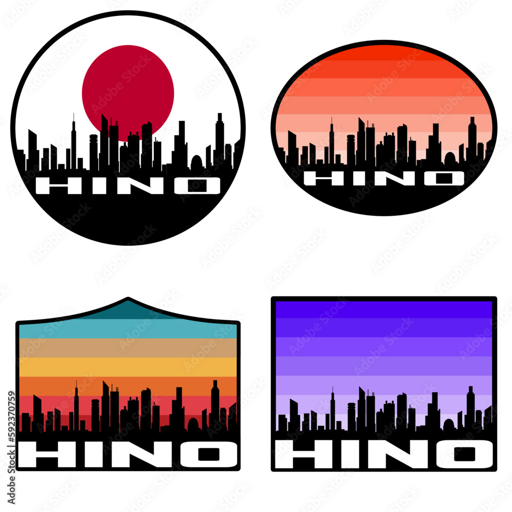 Hino Skyline Silhouette Japan Flag Travel Souvenir Sticker Sunset Background Vector Illustration SVG EPS AI