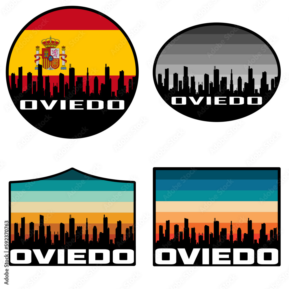 Oviedo Skyline Silhouette Spain Flag Travel Souvenir Sticker Sunset Background Vector Illustration SVG EPS AI