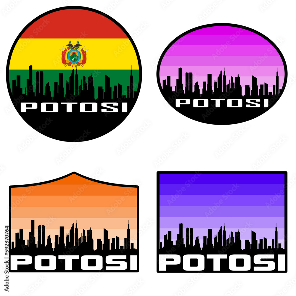 Potosi Skyline Silhouette Bolivia Flag Travel Souvenir Sticker Sunset Background Vector Illustration SVG EPS AI