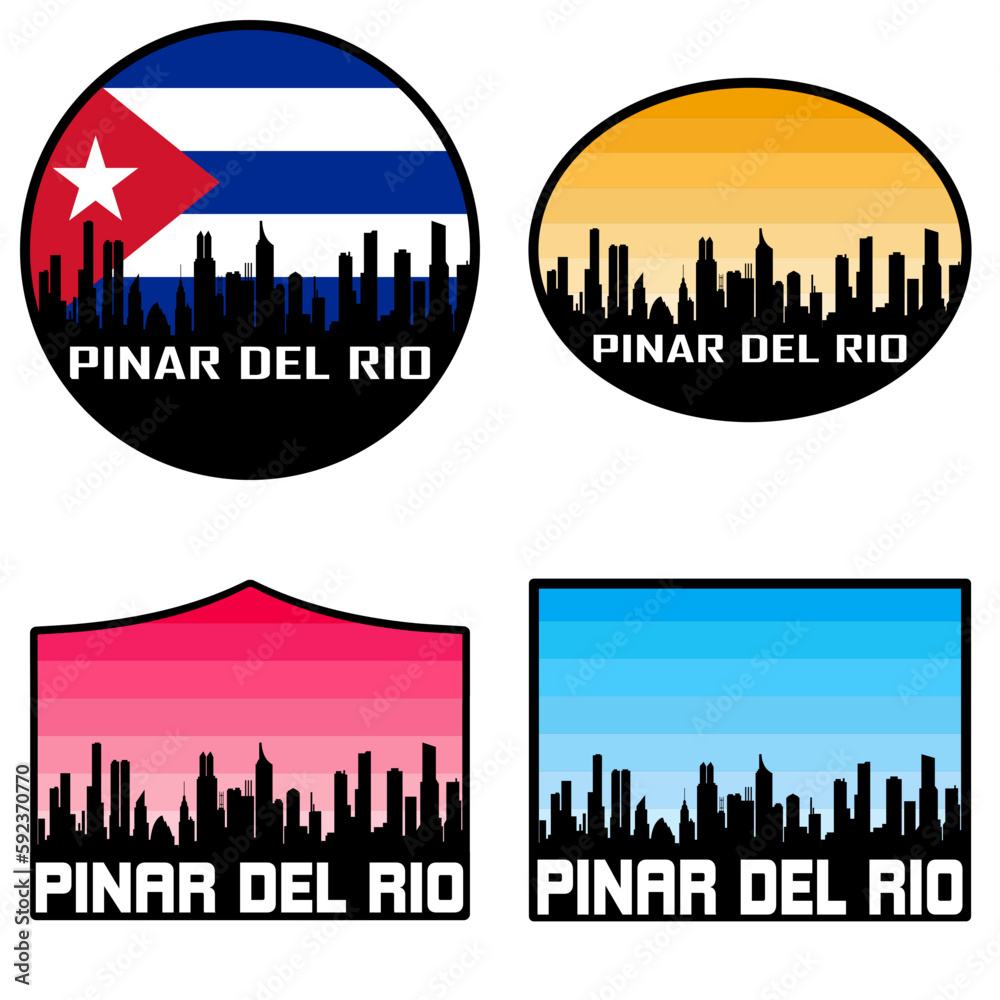 Pinar del Rio Skyline Silhouette Cuba Flag Travel Souvenir Sticker Sunset Background Vector Illustration SVG EPS AI