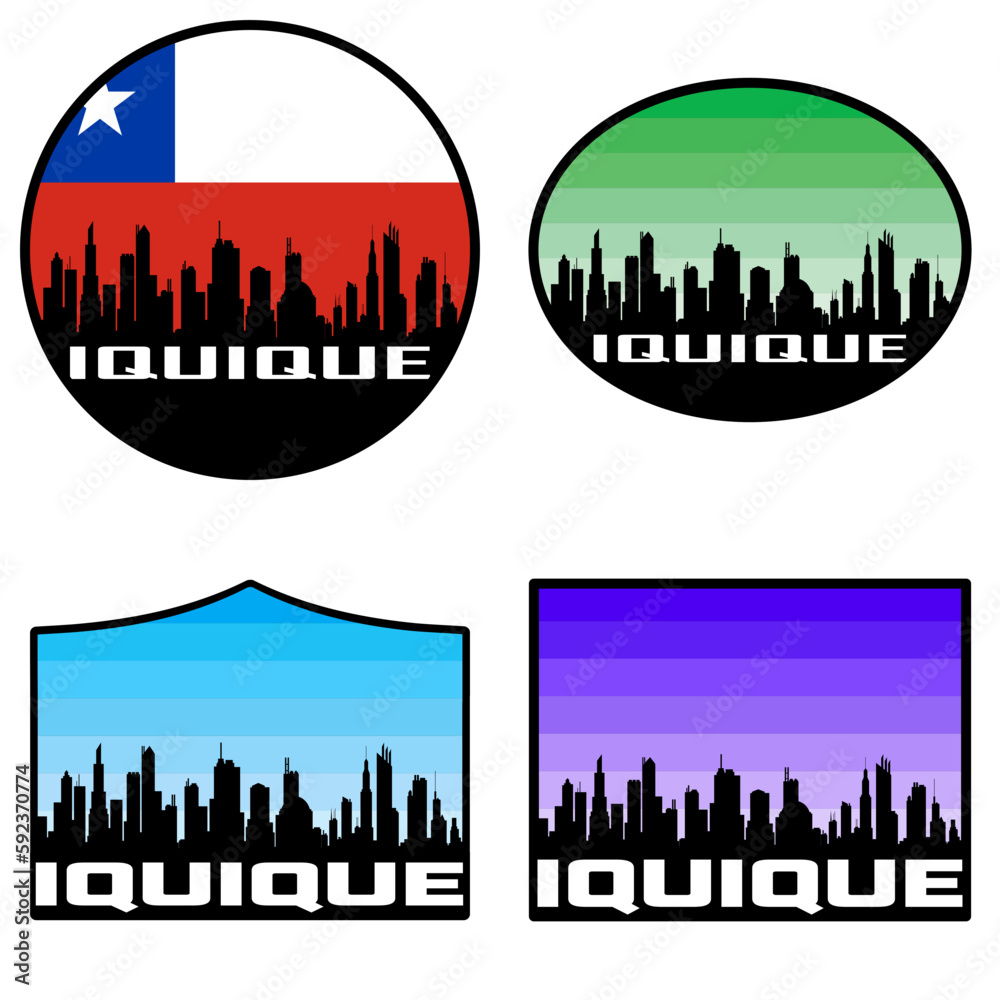 Iquique Skyline Silhouette Chile Flag Travel Souvenir Sticker Sunset Background Vector Illustration SVG EPS AI