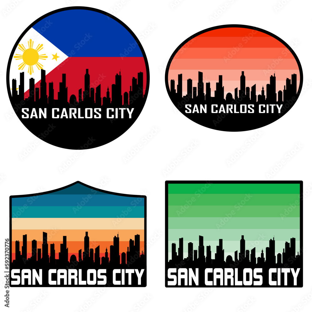 San Carlos City Skyline Silhouette Philippines Flag Travel Souvenir Sticker Sunset Background Vector Illustration SVG EPS AI