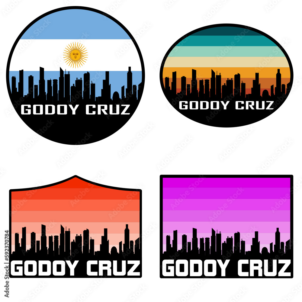 Godoy Cruz Skyline Silhouette Argentina Flag Travel Souvenir Sticker Sunset Background Vector Illustration SVG EPS AI