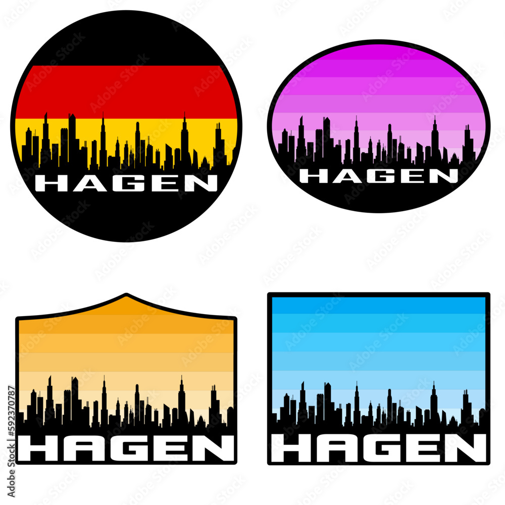 Hagen Skyline Silhouette Germany Flag Travel Souvenir Sticker Sunset Background Vector Illustration SVG EPS AI