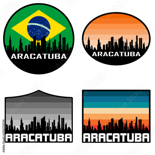 Aracatuba Skyline Silhouette Brazil Flag Travel Souvenir Sticker Sunset Background Vector Illustration SVG EPS AI photo