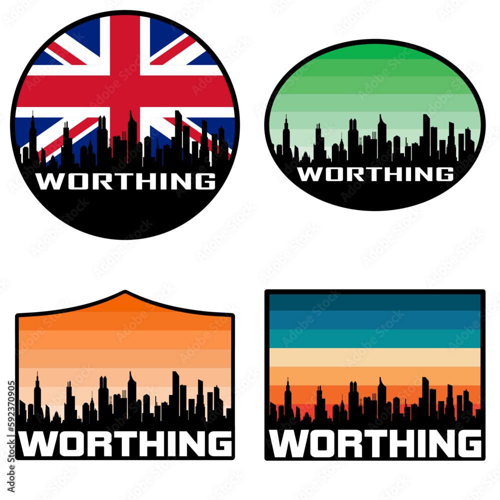 Obraz premium Worthing Skyline Silhouette Uk Flag Travel Souvenir Sticker Sunset Background Vector Illustration SVG EPS AI