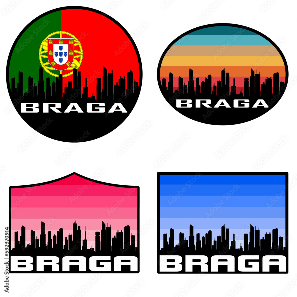 Braga Skyline Silhouette Portugal Flag Travel Souvenir Sticker Sunset Background Vector Illustration SVG EPS AI