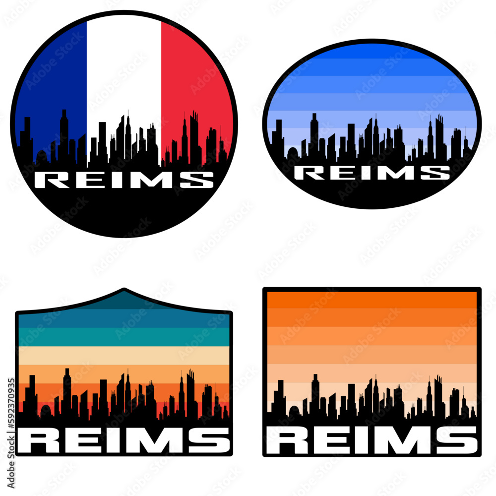 Reims Skyline Silhouette France Flag Travel Souvenir Sticker Sunset Background Vector Illustration SVG EPS AI