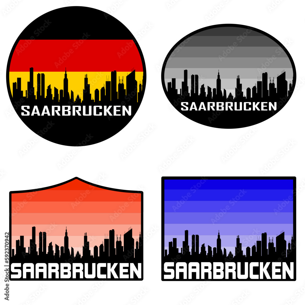 Saarbrucken Skyline Silhouette Germany Flag Travel Souvenir Sticker Sunset Background Vector Illustration SVG EPS AI