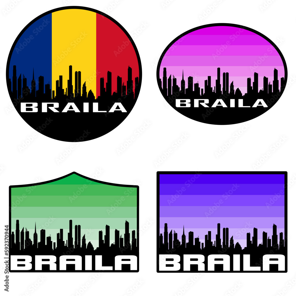 Braila Skyline Silhouette Romania Flag Travel Souvenir Sticker Sunset Background Vector Illustration SVG EPS AI