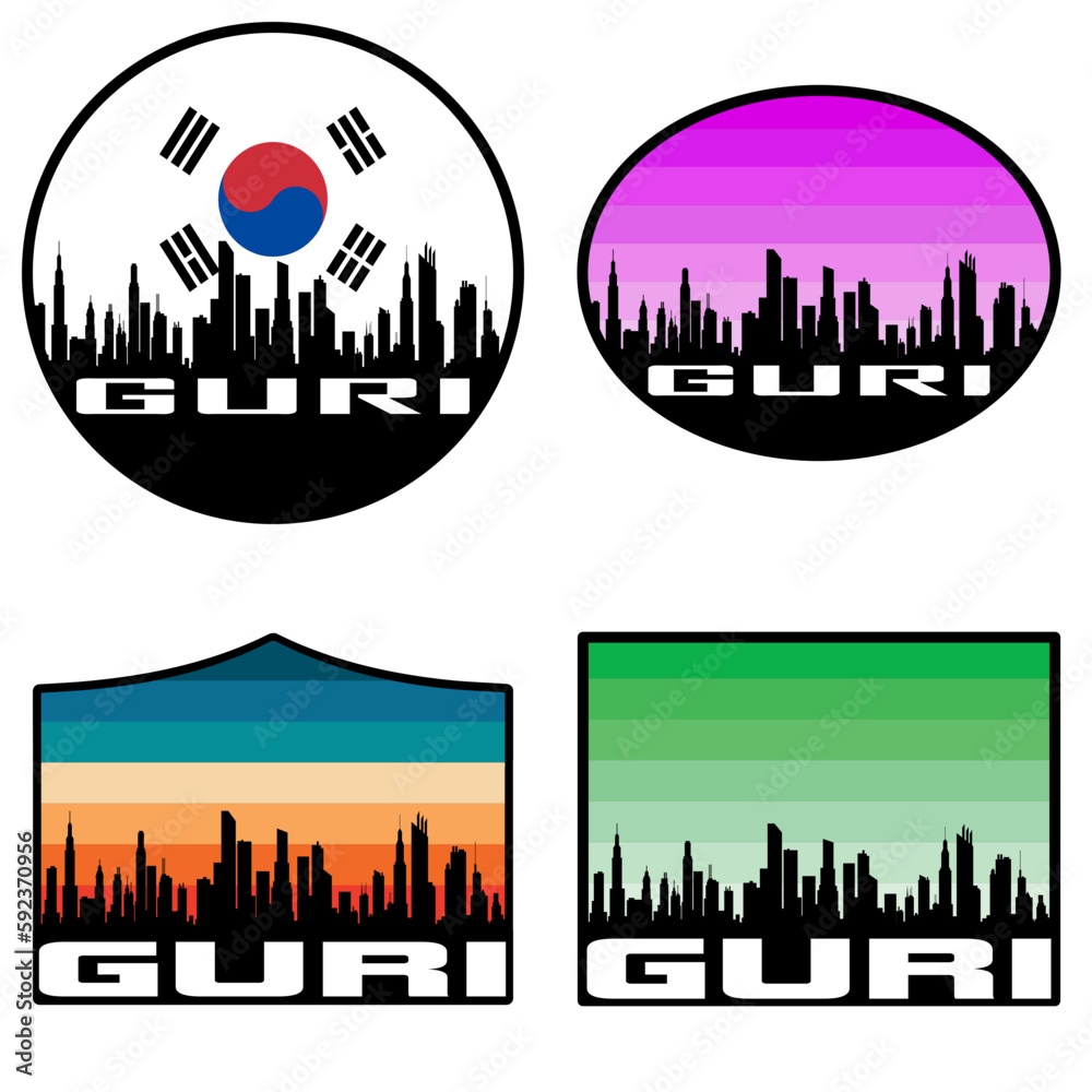 Guri Skyline Silhouette South Korea Flag Travel Souvenir Sticker Sunset Background Vector Illustration SVG EPS AI