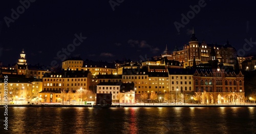 Photography Beautiful scenery of illuminated Stockholm waterfront view towards Sodermalm dis
