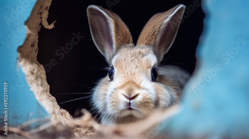 Bunny looking out of a hole in the blue wall of a house. Generative AI.