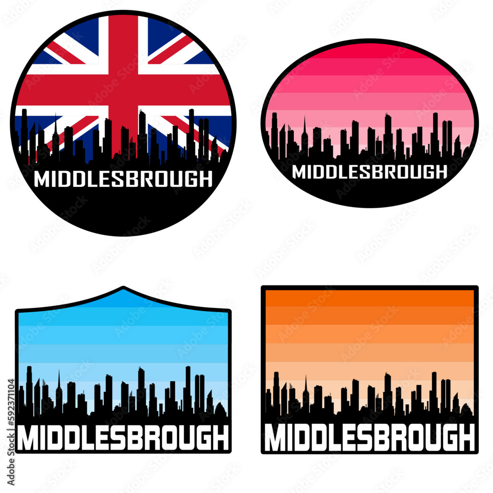 Middlesbrough Skyline Silhouette Uk Flag Travel Souvenir Sticker Sunset Background Vector Illustration SVG EPS AI