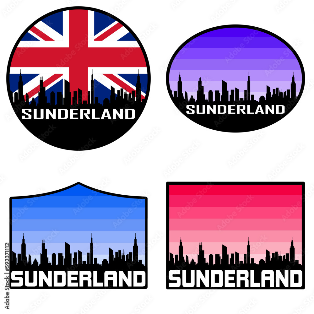 Sunderland Skyline Silhouette Uk Flag Travel Souvenir Sticker Sunset Background Vector Illustration SVG EPS AI