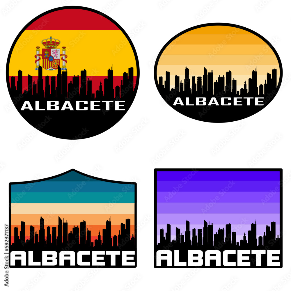 Albacete Skyline Silhouette Spain Flag Travel Souvenir Sticker Sunset Background Vector Illustration SVG EPS AI