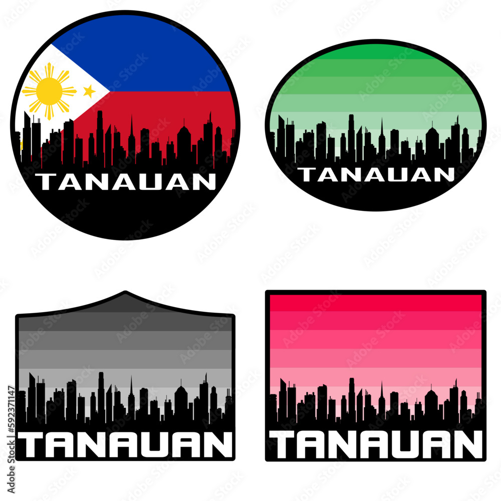 Tanauan Skyline Silhouette Philippines Flag Travel Souvenir Sticker Sunset Background Vector Illustration SVG EPS AI