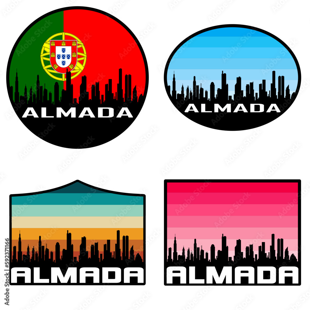Almada Skyline Silhouette Portugal Flag Travel Souvenir Sticker Sunset Background Vector Illustration SVG EPS AI