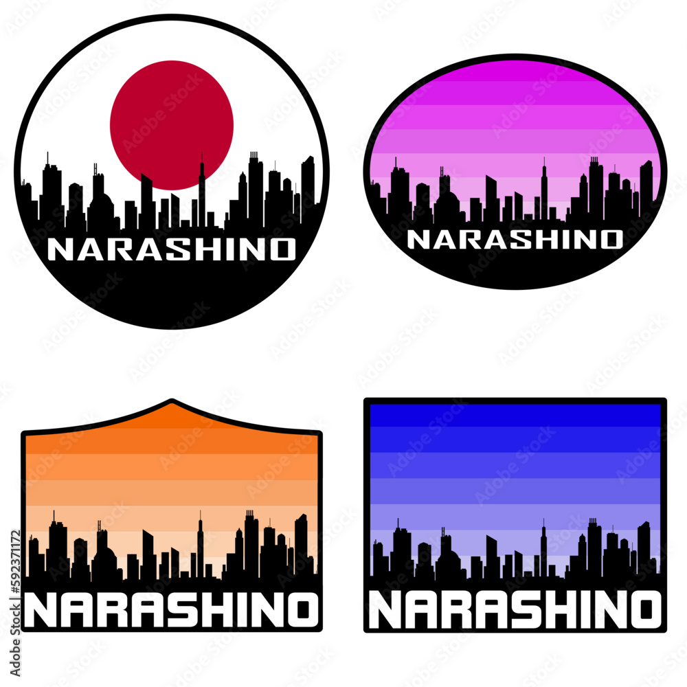 Narashino Skyline Silhouette Japan Flag Travel Souvenir Sticker Sunset Background Vector Illustration SVG EPS AI