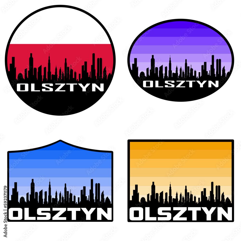 Olsztyn Skyline Silhouette Poland Flag Travel Souvenir Sticker Sunset Background Vector Illustration SVG EPS AI