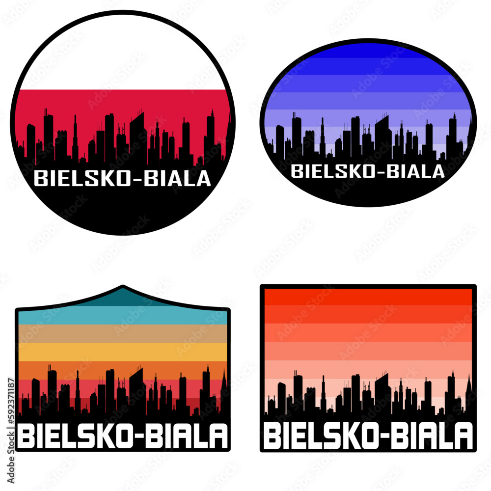 Obraz premium Bielsko Biala Skyline Silhouette Poland Flag Travel Souvenir Sticker Sunset Background Vector Illustration SVG EPS AI