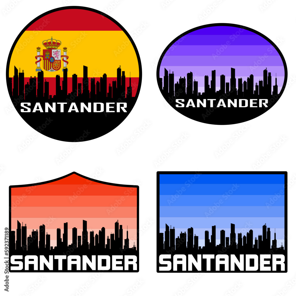 Santander Skyline Silhouette Spain Flag Travel Souvenir Sticker Sunset Background Vector Illustration SVG EPS AI