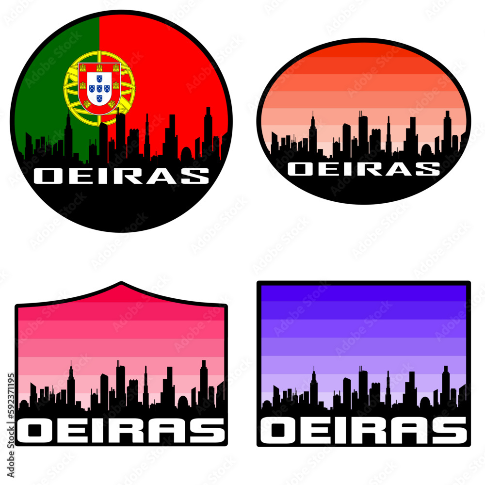 Oeiras Skyline Silhouette Portugal Flag Travel Souvenir Sticker Sunset Background Vector Illustration SVG EPS AI