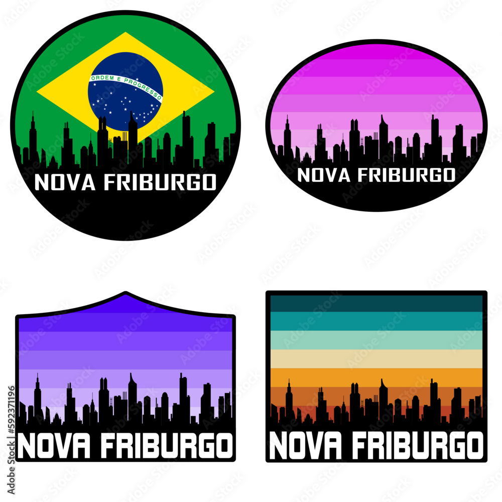 Nova Friburgo Skyline Silhouette Brazil Flag Travel Souvenir Sticker Sunset Background Vector Illustration SVG EPS AI