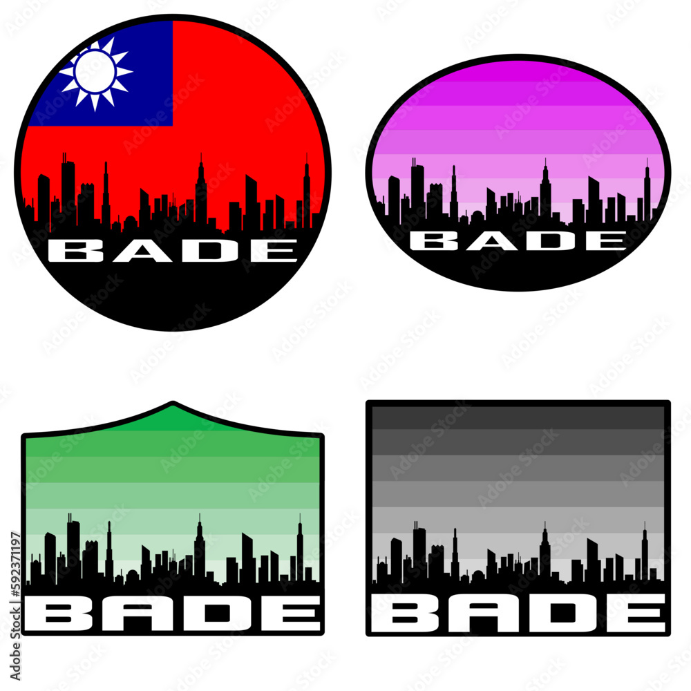 Bade Skyline Silhouette Taiwan Flag Travel Souvenir Sticker Sunset Background Vector Illustration SVG EPS AI