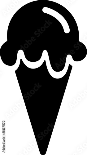 Ice cream icon, black silhouette on white. One ice ball in waffle cone, segmented shape in stencil style. Vector element for minimalist summer design and print, street food illustration or logo.