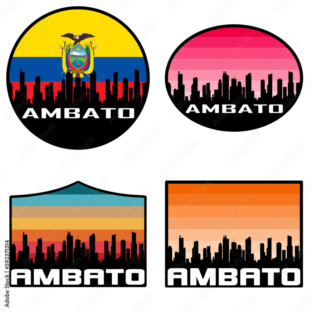 Ambato Skyline Silhouette Ecuador Flag Travel Souvenir Sticker Sunset Background Vector Illustration SVG EPS AI