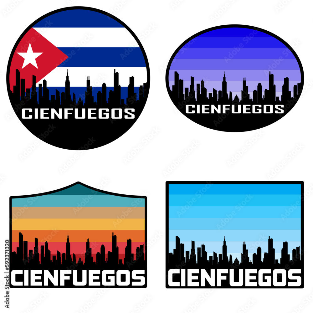 Cienfuegos Skyline Silhouette Cuba Flag Travel Souvenir Sticker Sunset Background Vector Illustration SVG EPS AI