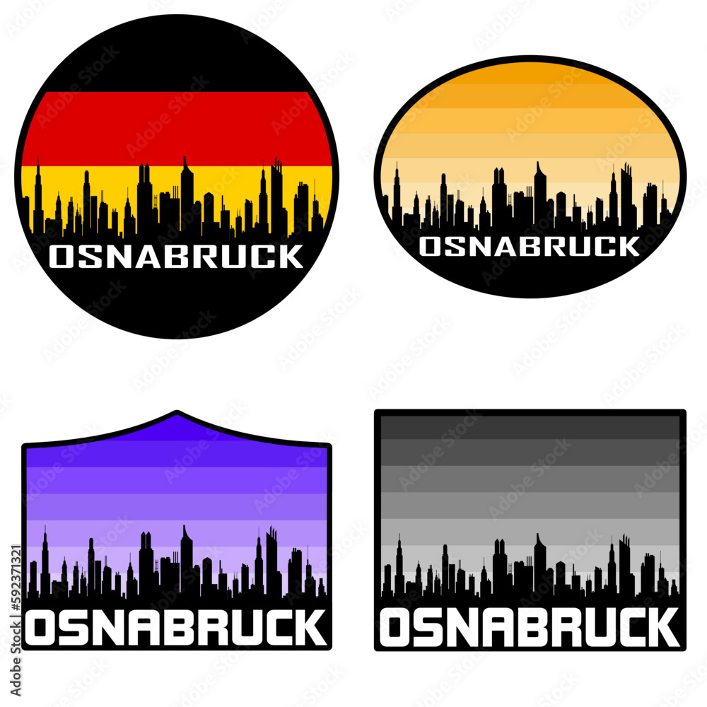 Osnabruck Skyline Silhouette Germany Flag Travel Souvenir Sticker Sunset Background Vector Illustration SVG EPS AI