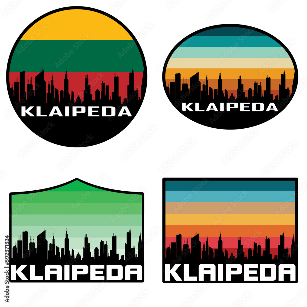 Klaipeda Skyline Silhouette Lithuania Flag Travel Souvenir Sticker Sunset Background Vector Illustration SVG EPS AI