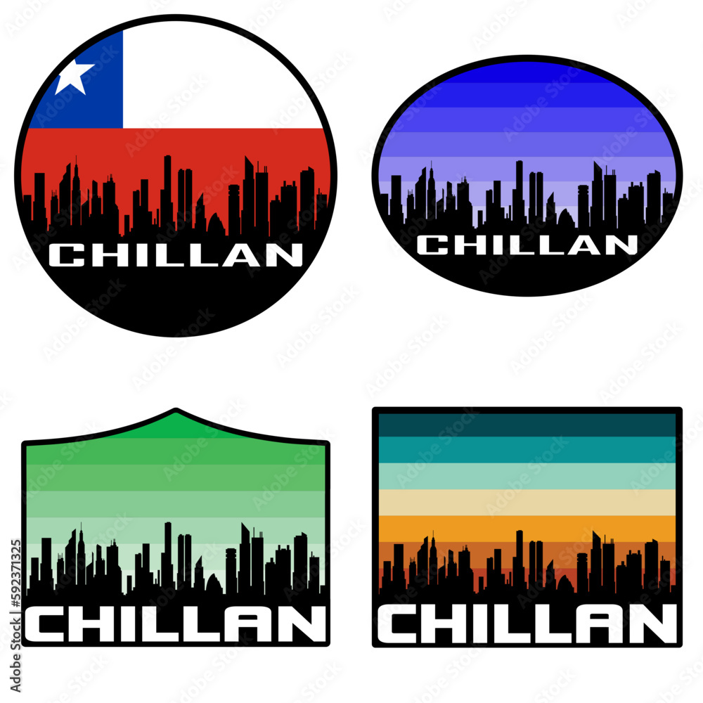 Chillan Skyline Silhouette Chile Flag Travel Souvenir Sticker Sunset Background Vector Illustration SVG EPS AI