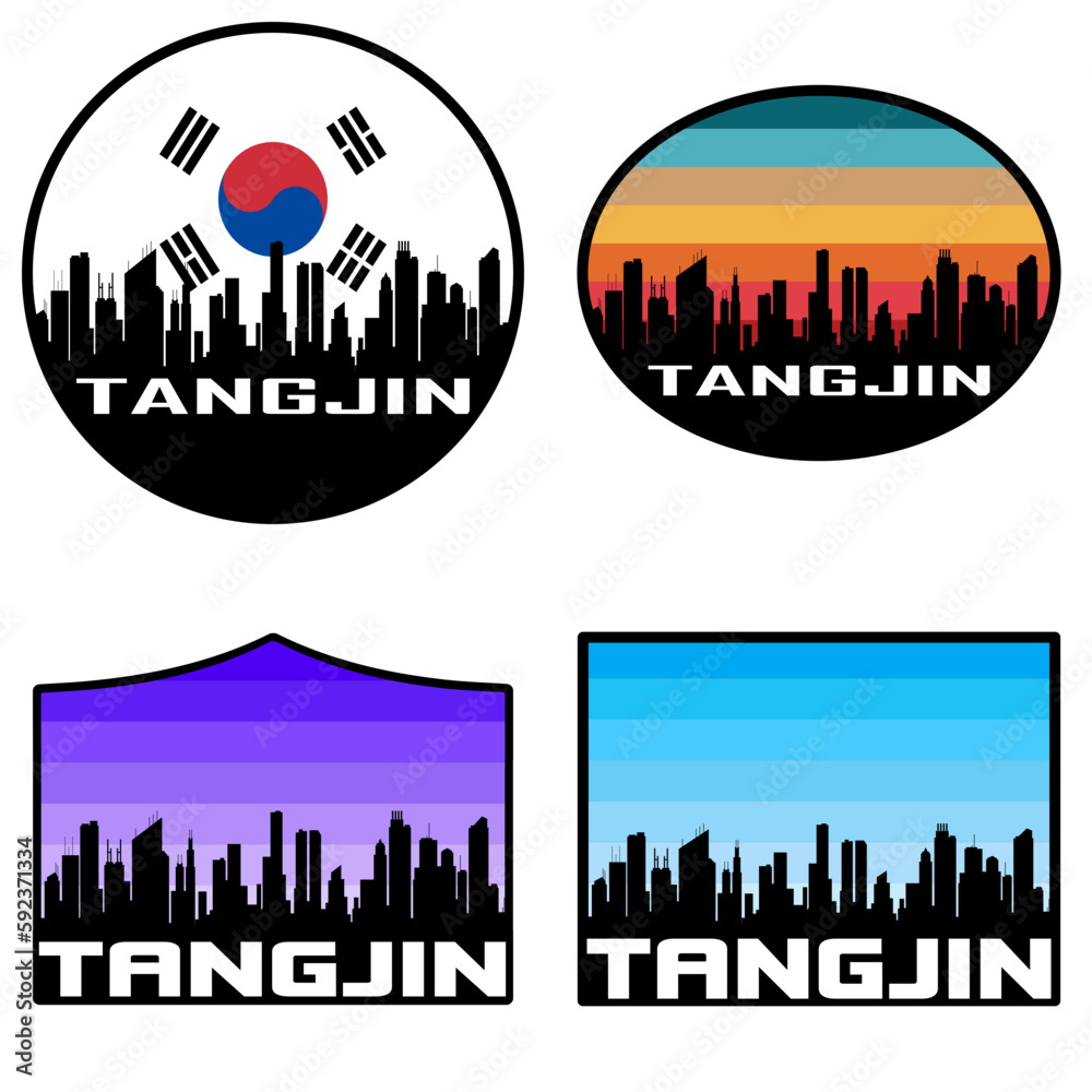 Tangjin Skyline Silhouette South Korea Flag Travel Souvenir Sticker Sunset Background Vector Illustration SVG EPS AI