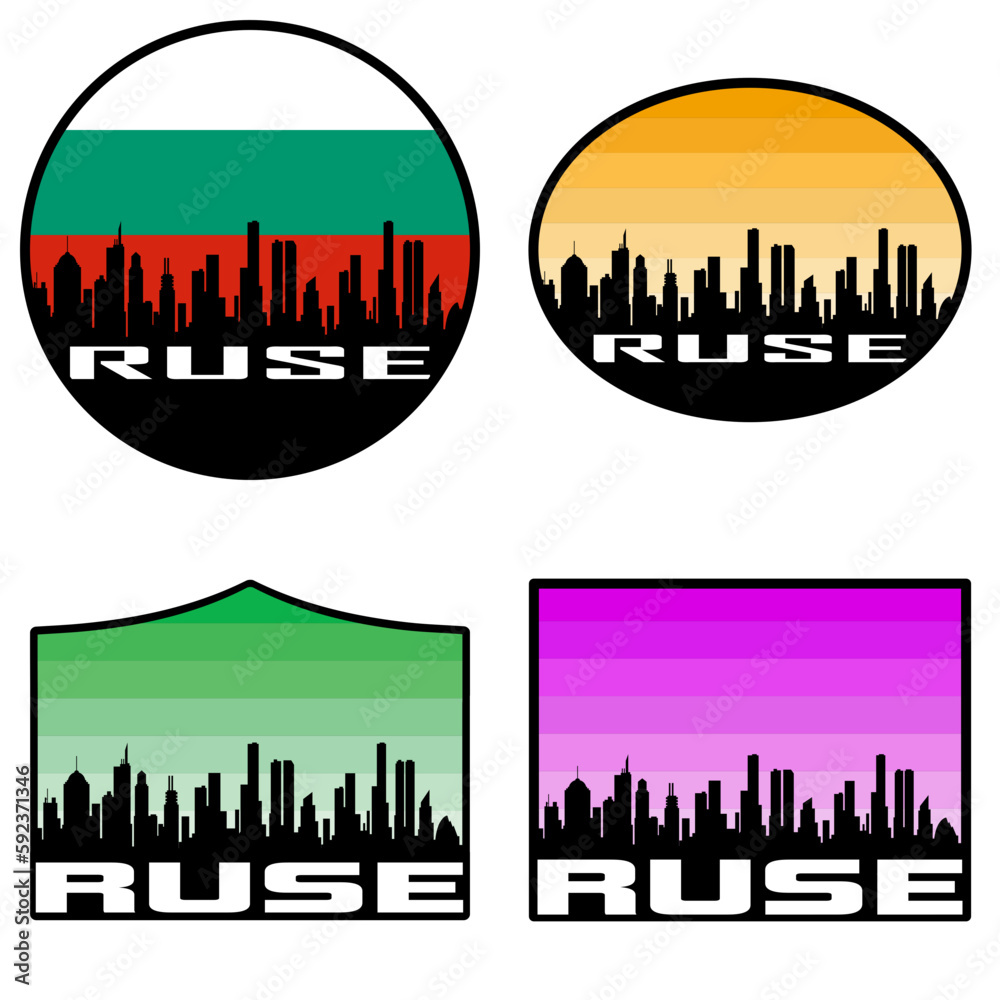 Ruse Skyline Silhouette Bulgaria Flag Travel Souvenir Sticker Sunset Background Vector Illustration SVG EPS AI