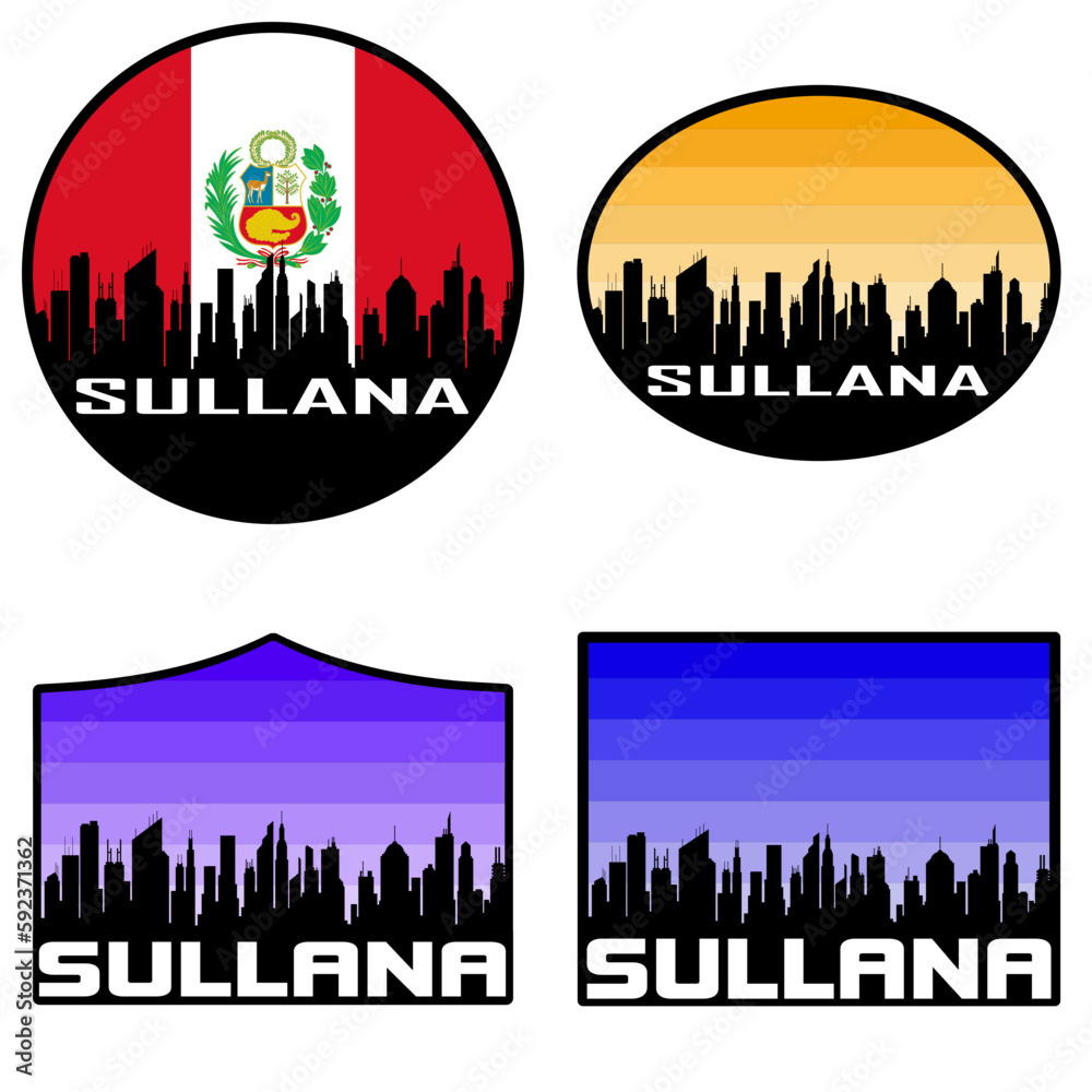 Sullana Skyline Silhouette Peru Flag Travel Souvenir Sticker Sunset Background Vector Illustration SVG EPS AI