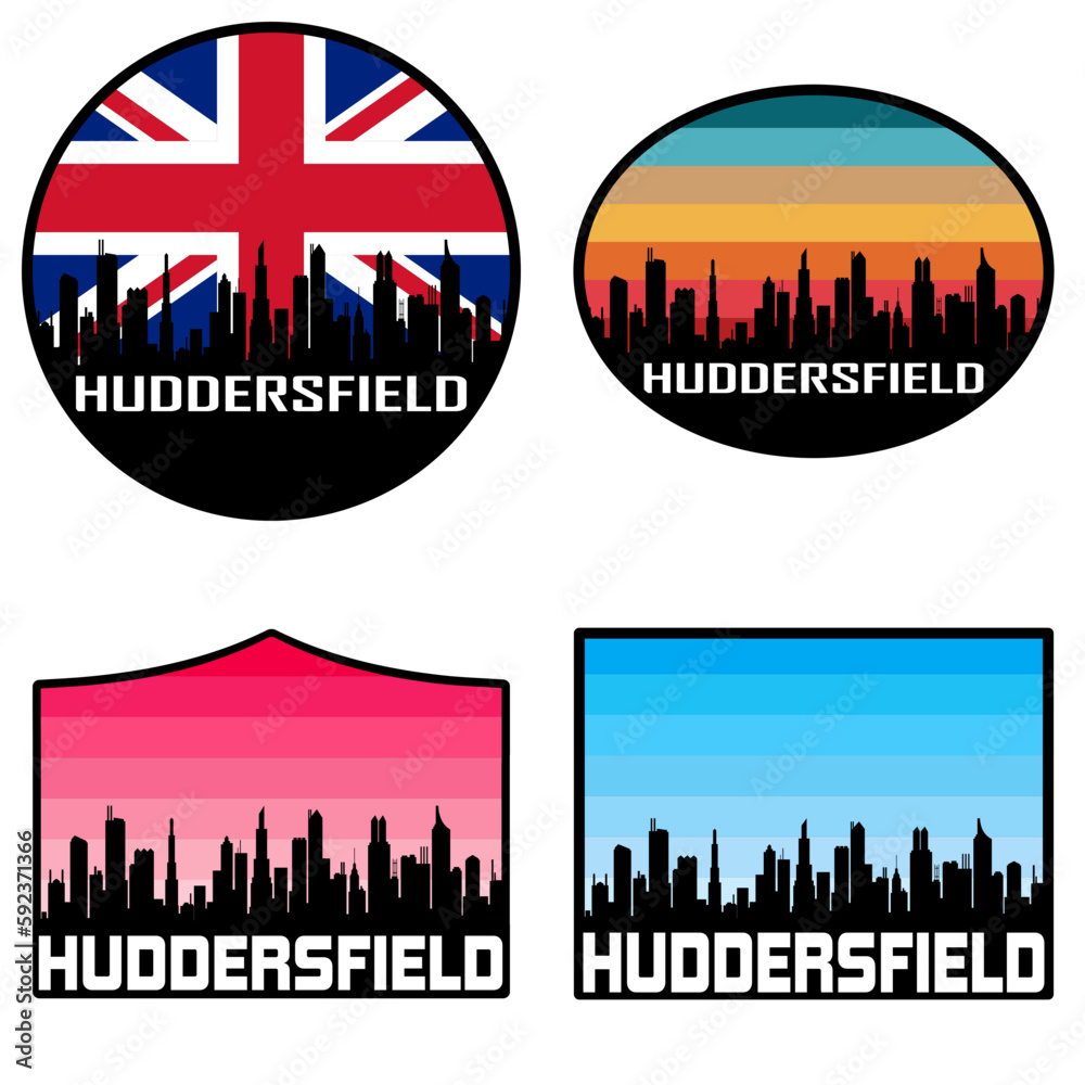 Huddersfield Skyline Silhouette Uk Flag Travel Souvenir Sticker Sunset Background Vector Illustration SVG EPS AI