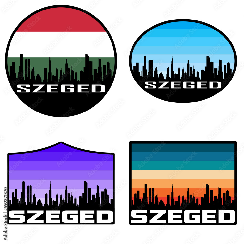 Szeged Skyline Silhouette Hungary Flag Travel Souvenir Sticker Sunset Background Vector Illustration SVG EPS AI
