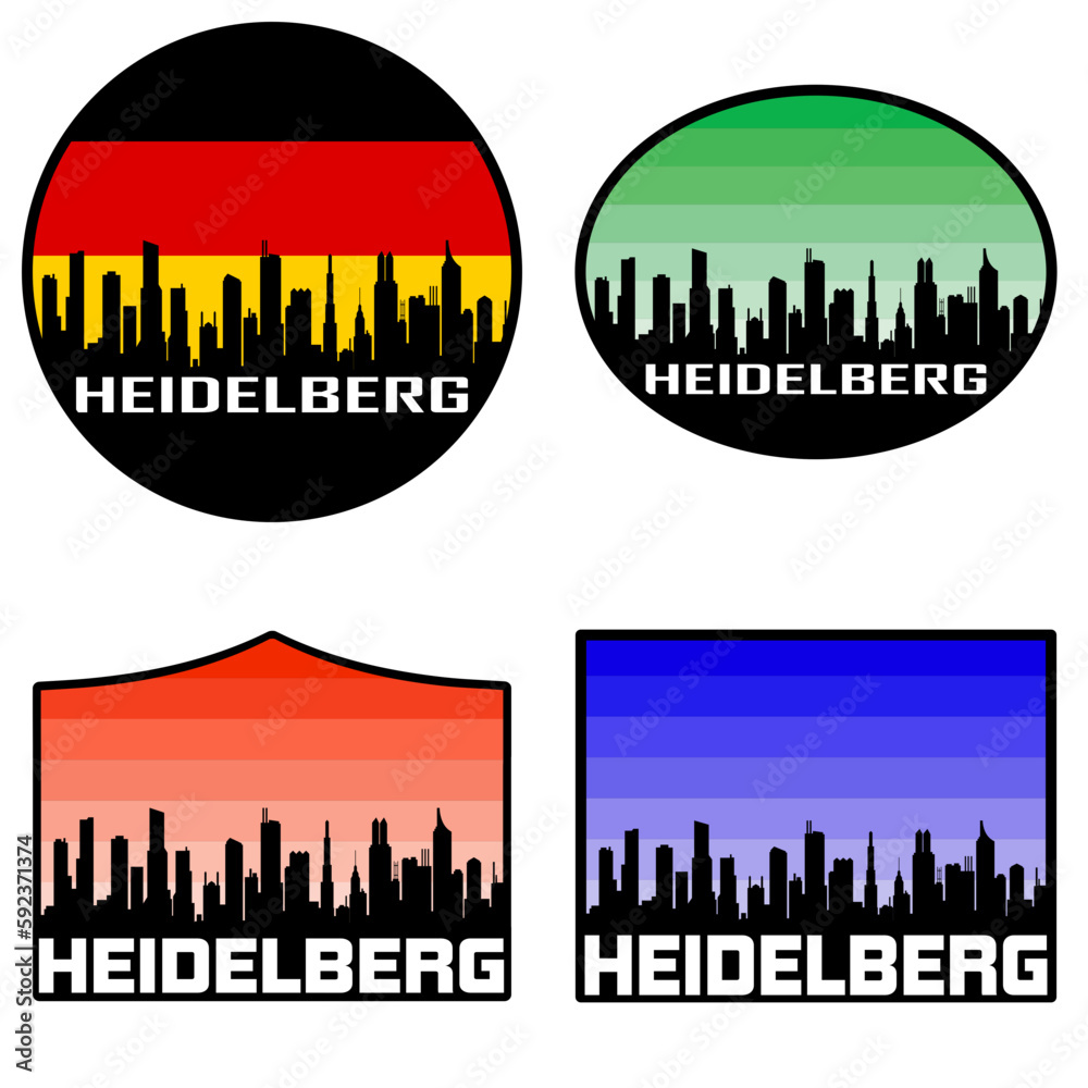 Heidelberg Skyline Silhouette Germany Flag Travel Souvenir Sticker Sunset Background Vector Illustration SVG EPS AI
