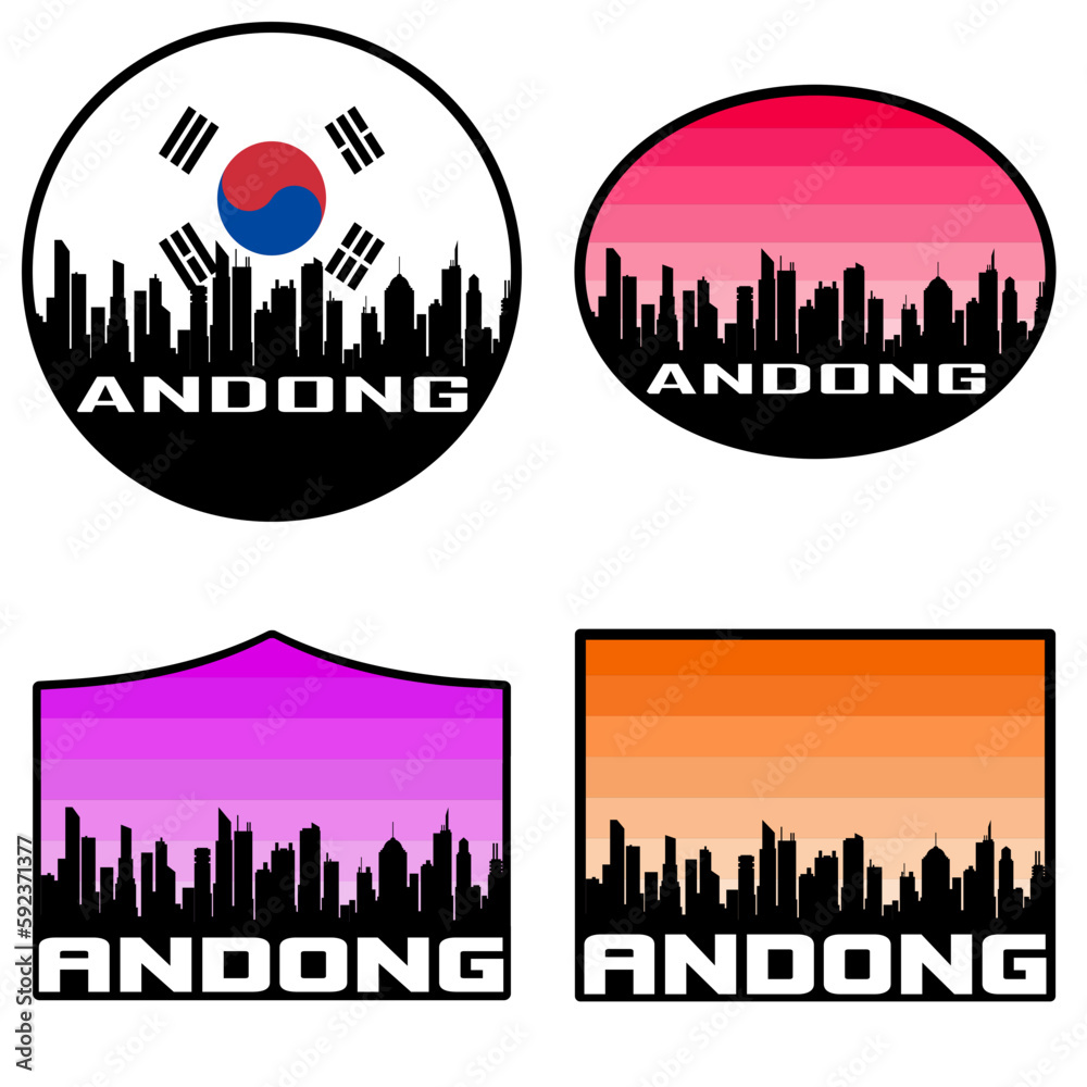 Andong Skyline Silhouette South Korea Flag Travel Souvenir Sticker Sunset Background Vector Illustration SVG EPS AI