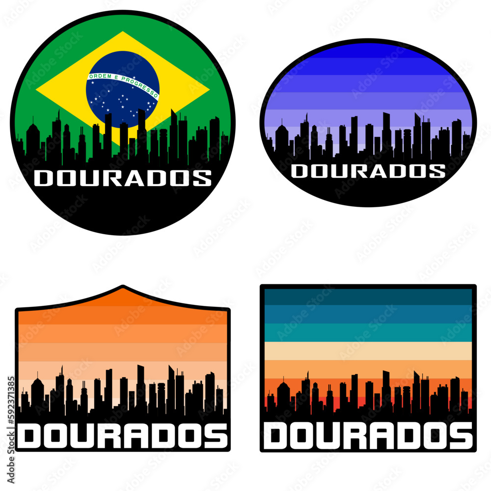 Dourados Skyline Silhouette Brazil Flag Travel Souvenir Sticker Sunset Background Vector Illustration SVG EPS AI
